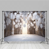 Aperturee - Aperturee Winter Wonderland Photography Backdrop with Hanging Paper Snowflakes White Christmas Rustic Holiday Photo Booth
